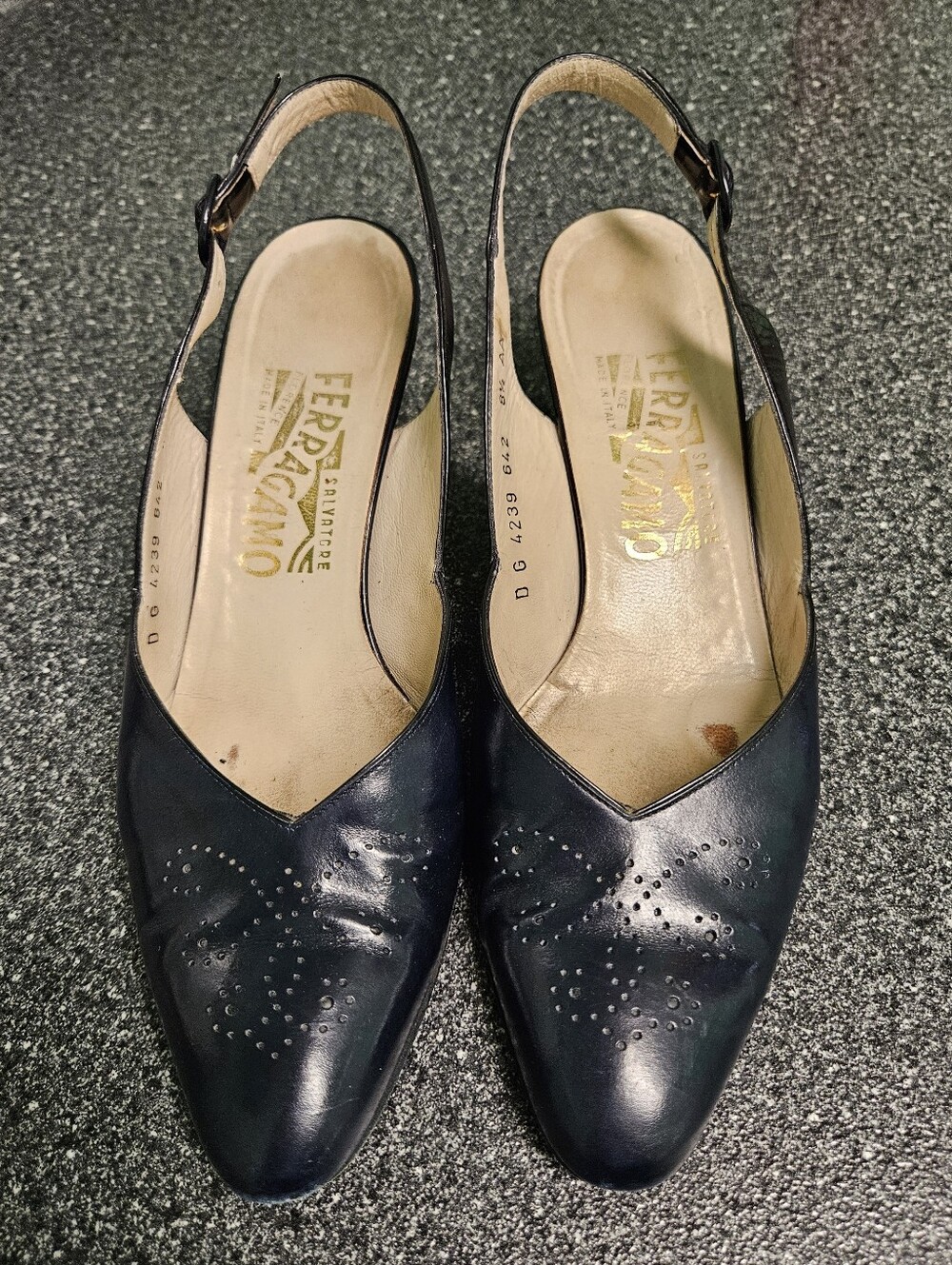 Vintage Salvatore Ferragamo Navy/Black Leather Slingback Mules